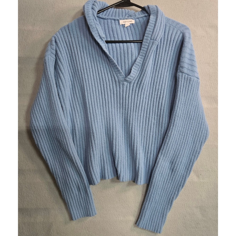 Stitch & Pine Blue Ribbed Knit Hoodie Pullover Sweater Open V Neck Women's XL